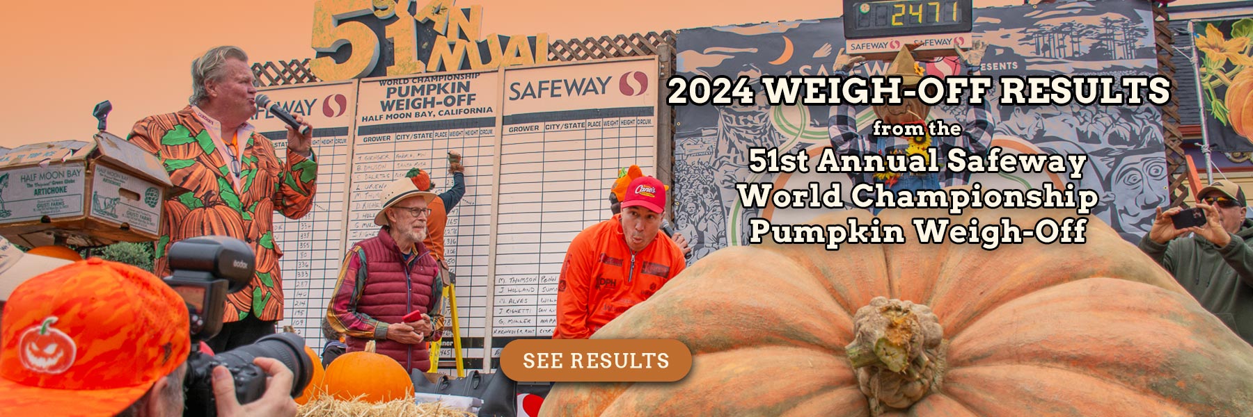 See the results of the 2024 Safeway World Championship Pumpkin Weigh-Off - click for details